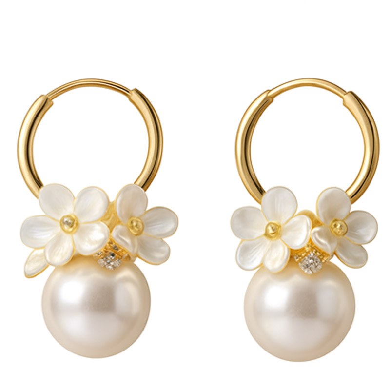 Elegant Gold Hoop Earrings with Pearl and Floral Accents