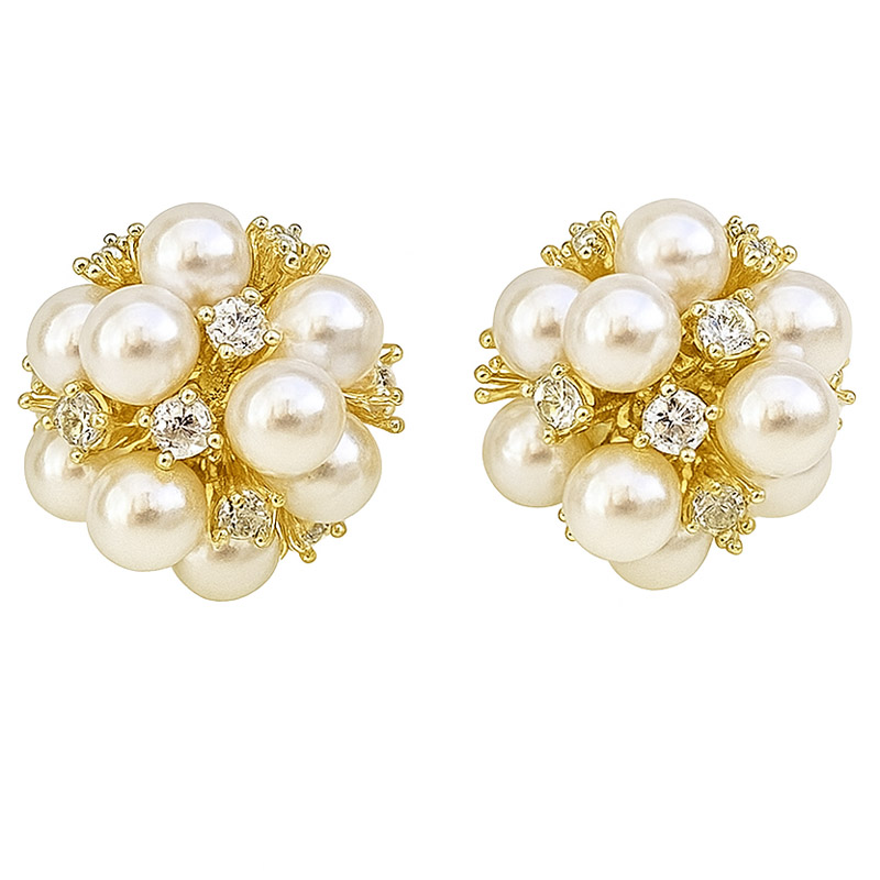 Elegant Cluster Pearl Stud Earrings with Gold and Crystal Accents