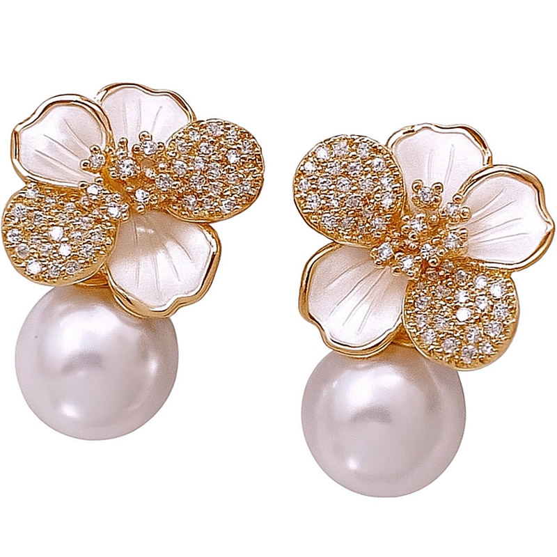 DEEPMORE Elegant Floral Pearl Drop Earrings with Crystal Accents